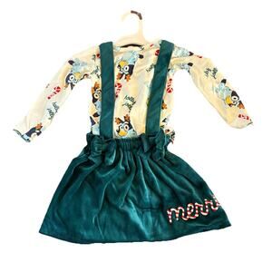 NWT Bluey Toddler Christmas Shirt & Velour Overall Skirt Dress Outfit Size 2T